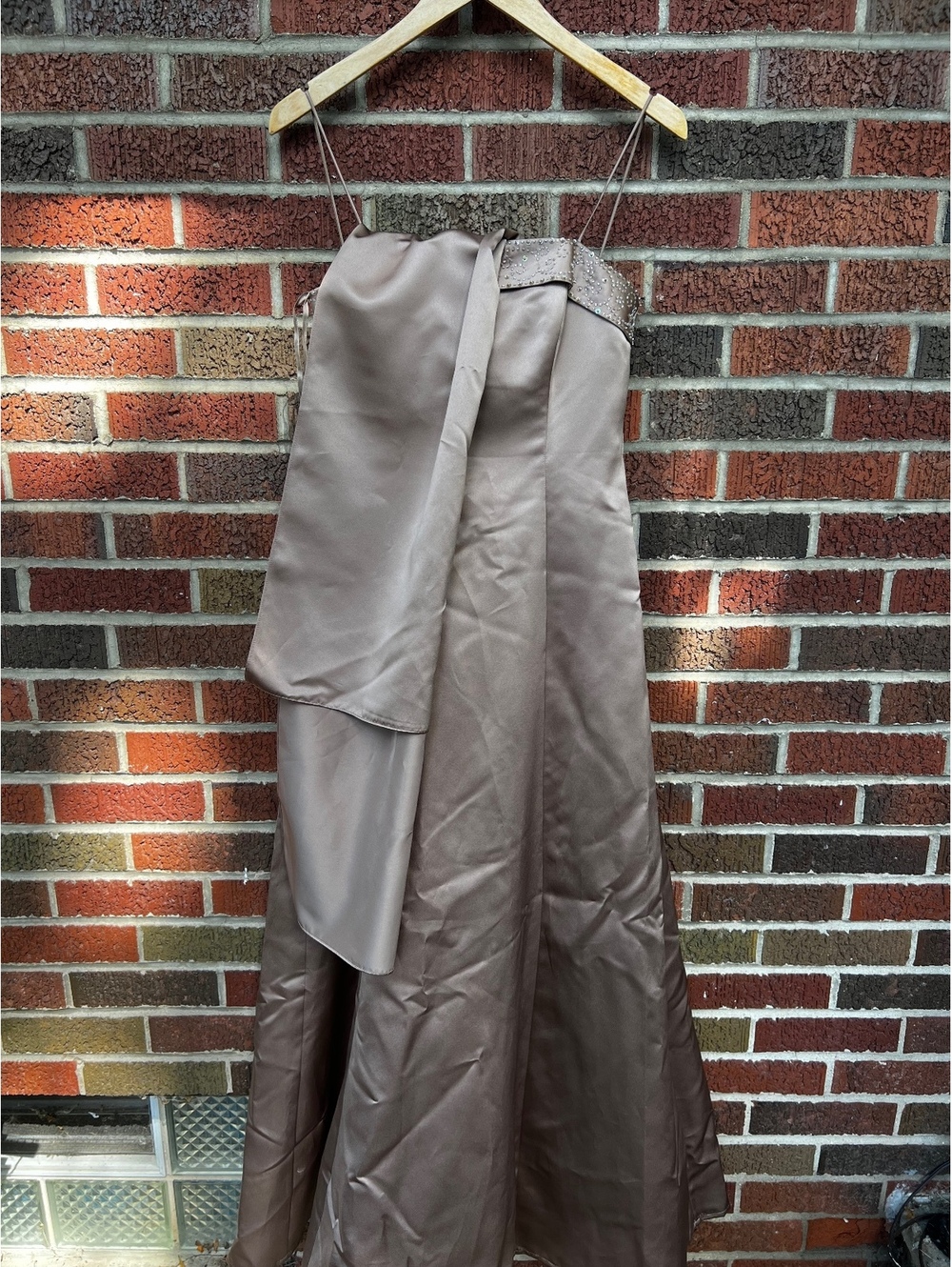 Michaelangelo Taupe Tan Beaded Button Back Spaghetti Strap Wrap Gown